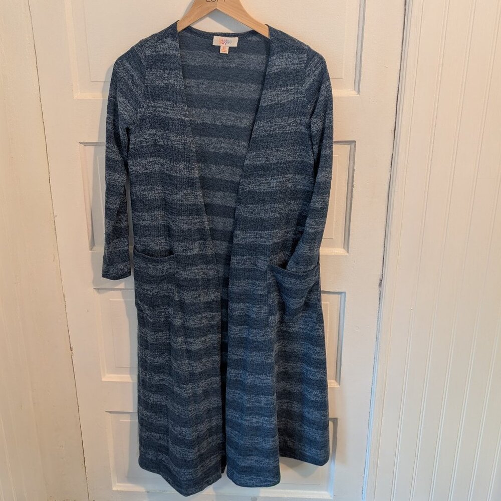 LuLaRoe Women's Sarah Duster Cardigan size XS Heathered blue striped